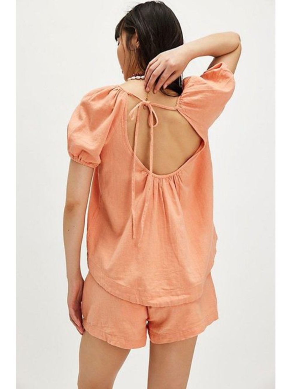 Free People Sunny Somewhere Cotton Linen Set Coral Open Back Shorts Set - Picture 2 of 3